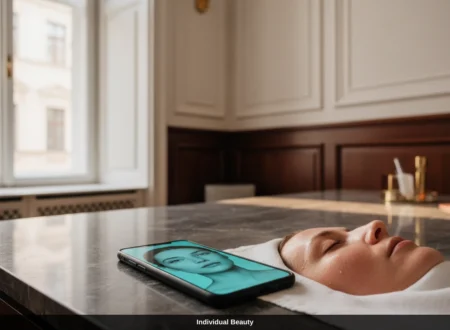 Eine Frau liegt auf einer Liege neben einem Smartphone, das ein retuschiertes Gesicht zeigt, passend zu kritischen microneedling erfahrungen in wien.