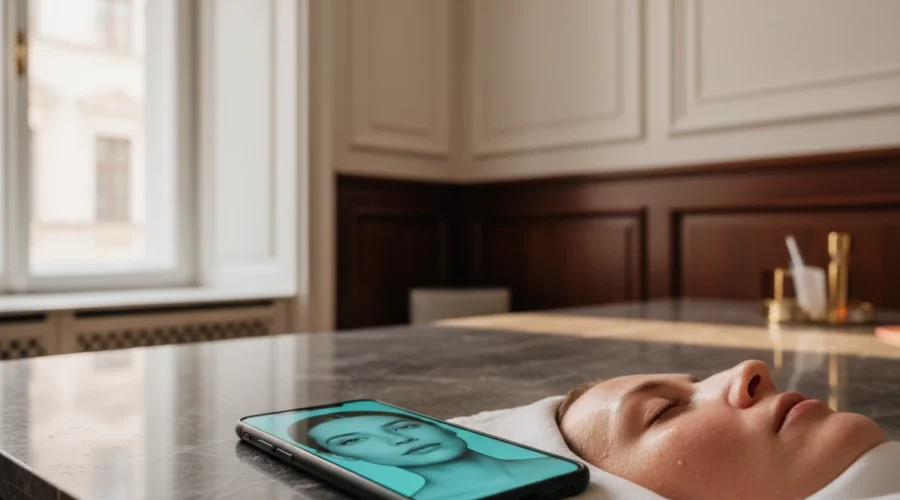 Eine Frau liegt auf einer Liege neben einem Smartphone, das ein retuschiertes Gesicht zeigt, passend zu kritischen microneedling erfahrungen in wien.
