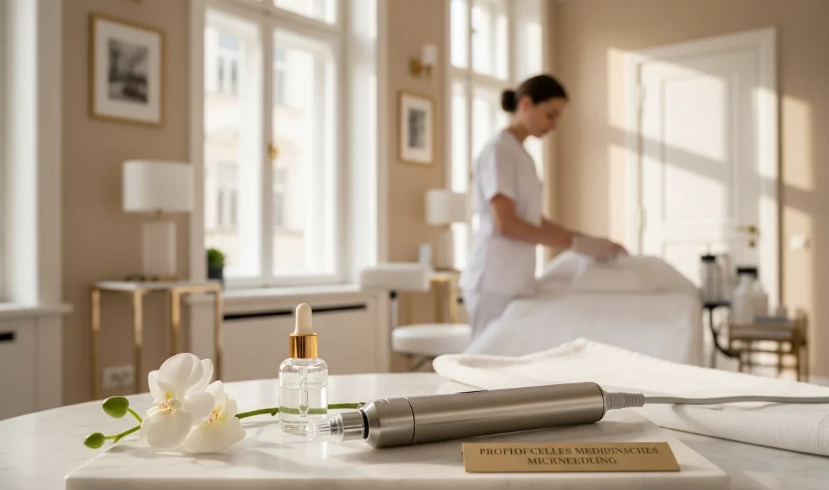 Moderner Dermapen und Serum in einem Studio für medizinisches Microneedling in Wien bereitgelegt.