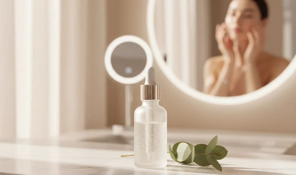 Serumflasche mit Pipette neben Eukalyptusblatt vor einer Microneedling Behandlung in Wien.