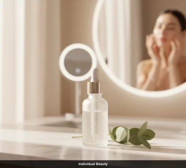Serumflasche mit Pipette neben Eukalyptusblatt vor einer Microneedling Behandlung in Wien.
