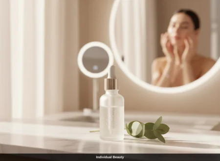 Serumflasche mit Pipette neben Eukalyptusblatt vor einer Microneedling Behandlung in Wien.