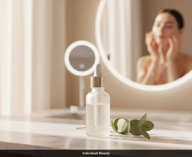 Serumflasche mit Pipette neben Eukalyptusblatt vor einer Microneedling Behandlung in Wien.