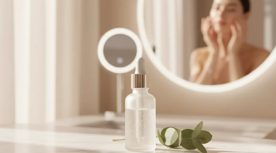 Serumflasche mit Pipette neben Eukalyptusblatt vor einer Microneedling Behandlung in Wien.