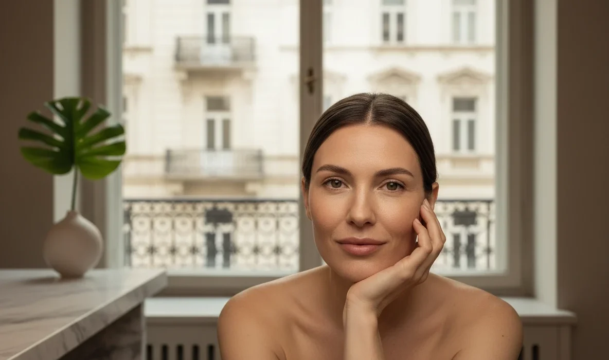 Zufriedene Kundin nach einer Microneedling Behandlung in einem Kosmetikstudio Wien mit strahlender Haut.