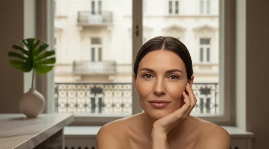 Zufriedene Kundin nach einer Microneedling Behandlung in einem Kosmetikstudio Wien mit strahlender Haut.