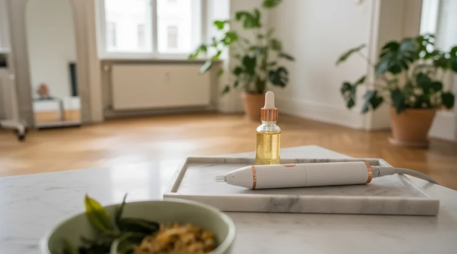 Dermapen wien auf einem Tablett mit Serum für die professionelle Kosmetikbehandlung wien.